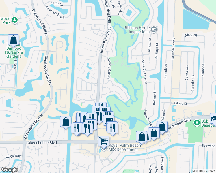 map of restaurants, bars, coffee shops, grocery stores, and more near 104 Palm Beach Trace Drive in Royal Palm Beach
