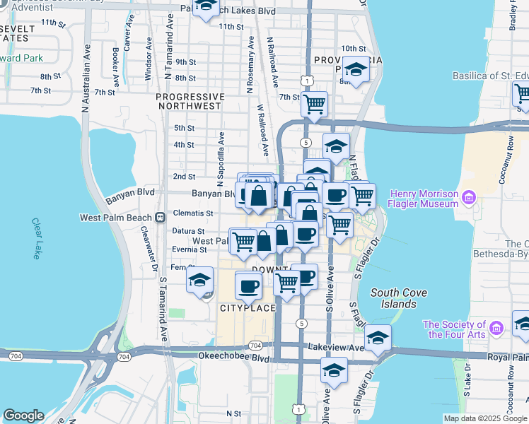 map of restaurants, bars, coffee shops, grocery stores, and more near in West Palm Beach
