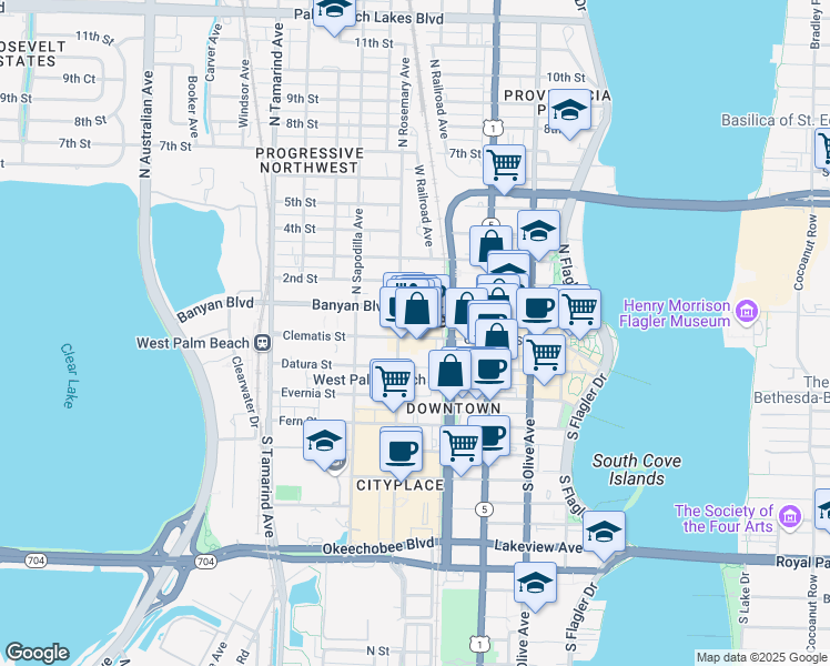map of restaurants, bars, coffee shops, grocery stores, and more near 527 Clematis Street in West Palm Beach