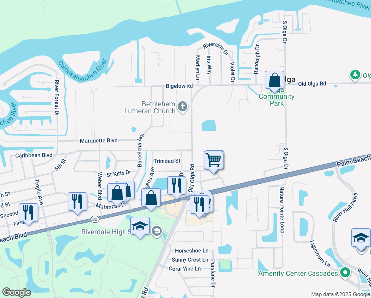 map of restaurants, bars, coffee shops, grocery stores, and more near 14178 Caribbean Boulevard in Fort Myers