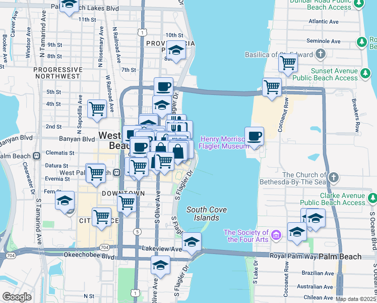 map of restaurants, bars, coffee shops, grocery stores, and more near 101 South Flagler Drive in West Palm Beach