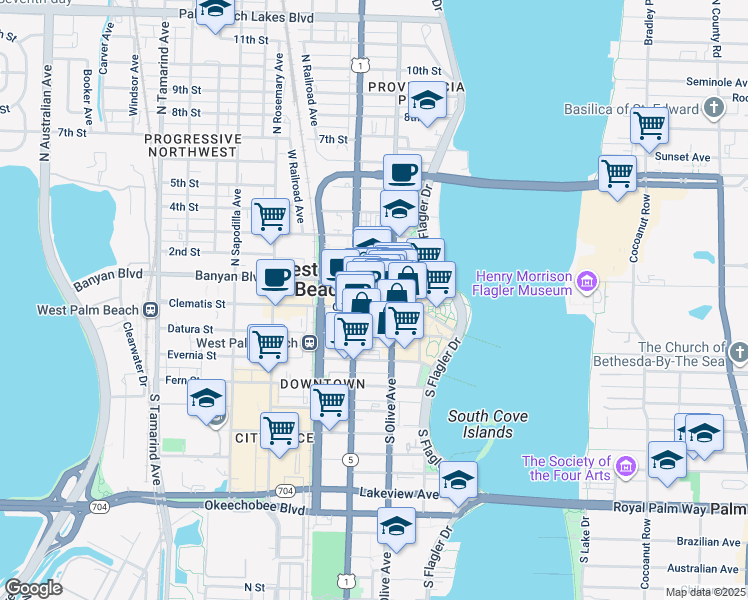 map of restaurants, bars, coffee shops, grocery stores, and more near 217 Clematis Street in West Palm Beach