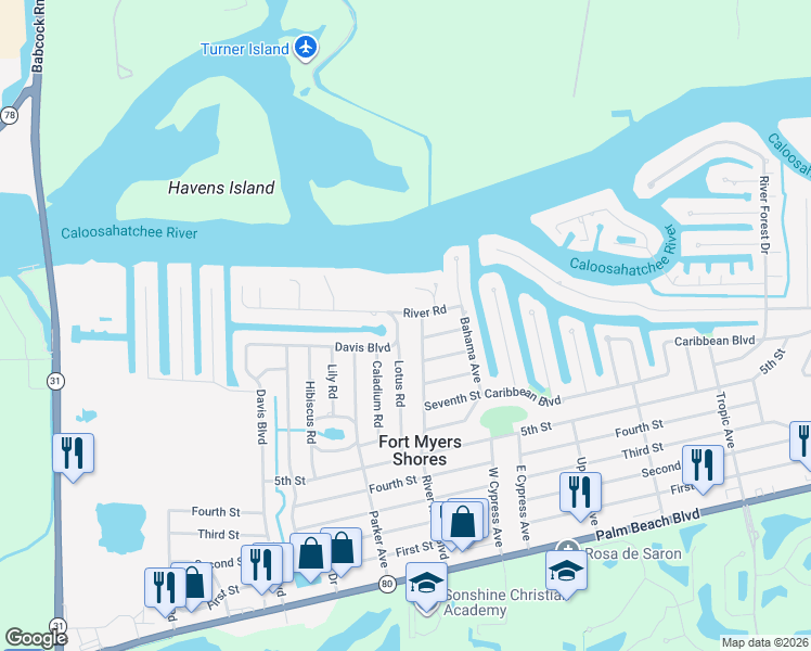map of restaurants, bars, coffee shops, grocery stores, and more near 2011 Lotus Road in Fort Myers