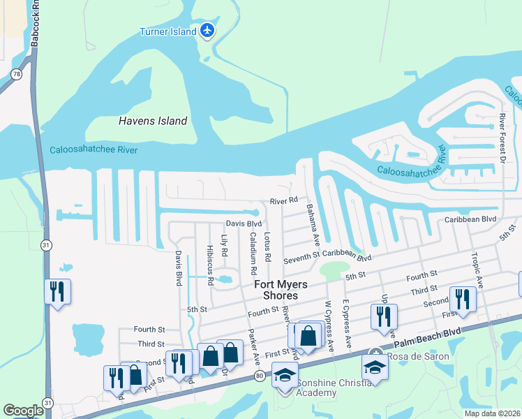 map of restaurants, bars, coffee shops, grocery stores, and more near 2011 Lotus Road in Fort Myers