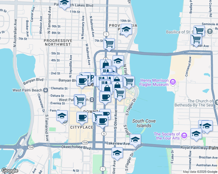 map of restaurants, bars, coffee shops, grocery stores, and more near 340 Clematis Street in West Palm Beach