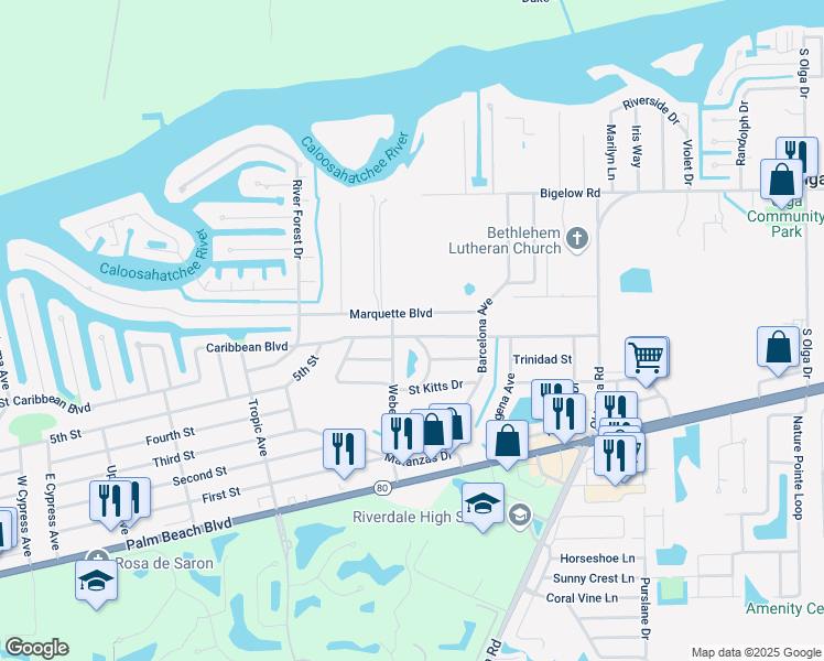 map of restaurants, bars, coffee shops, grocery stores, and more near 14016 Caribbean Boulevard in Fort Myers
