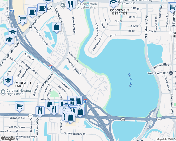 map of restaurants, bars, coffee shops, grocery stores, and more near 400 Presidio Place in West Palm Beach