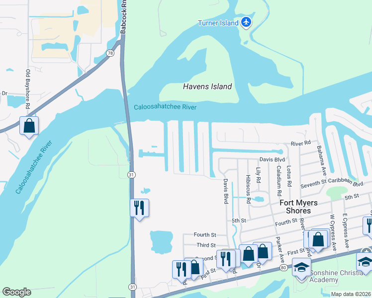 map of restaurants, bars, coffee shops, grocery stores, and more near 2225 Havana Avenue in Fort Myers