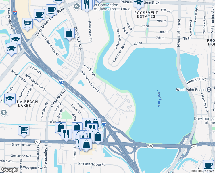 map of restaurants, bars, coffee shops, grocery stores, and more near 400 Presidio Place in West Palm Beach