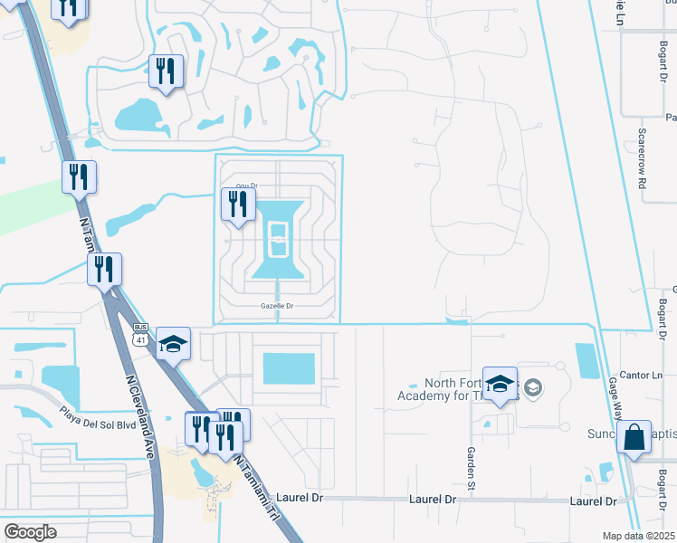 map of restaurants, bars, coffee shops, grocery stores, and more near 26 Eland Drive in North Fort Myers