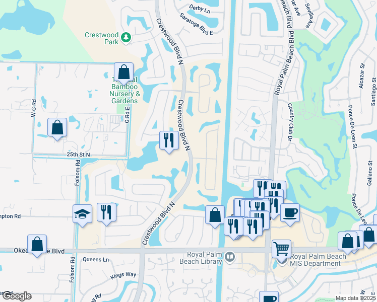 map of restaurants, bars, coffee shops, grocery stores, and more near 1100 Crestwood Boulevard North in Royal Palm Beach