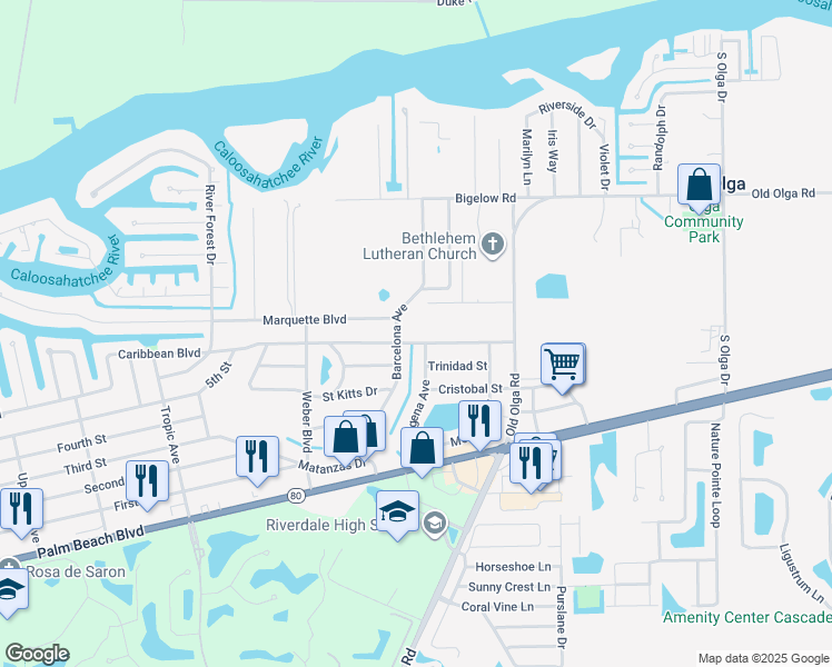 map of restaurants, bars, coffee shops, grocery stores, and more near 14108 Caribbean Boulevard in Fort Myers