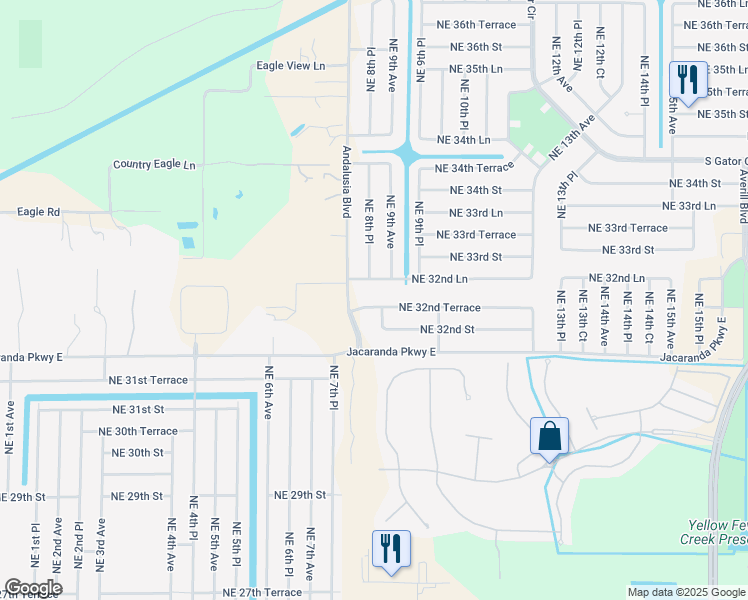 map of restaurants, bars, coffee shops, grocery stores, and more near 821 Northeast 32nd Terrace in Cape Coral