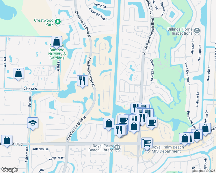 map of restaurants, bars, coffee shops, grocery stores, and more near 2069 Reston Circle in Royal Palm Beach