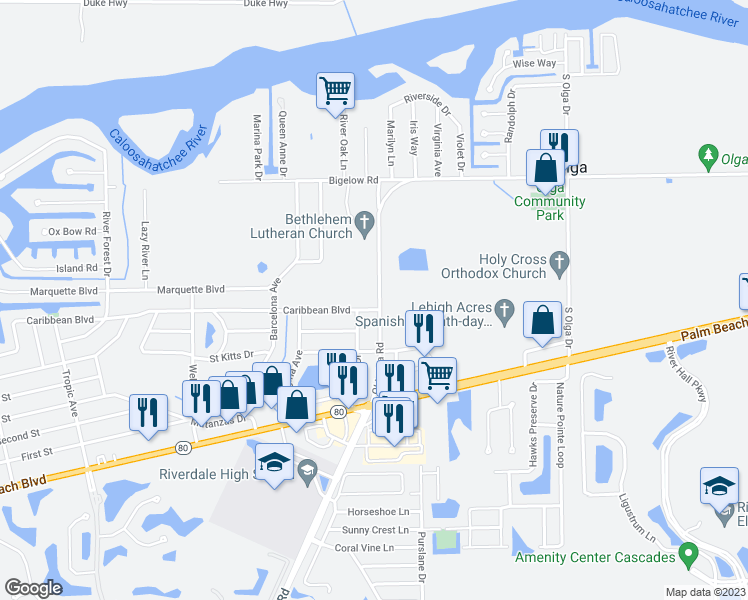 map of restaurants, bars, coffee shops, grocery stores, and more near 14216 Caribbean Boulevard in Fort Myers
