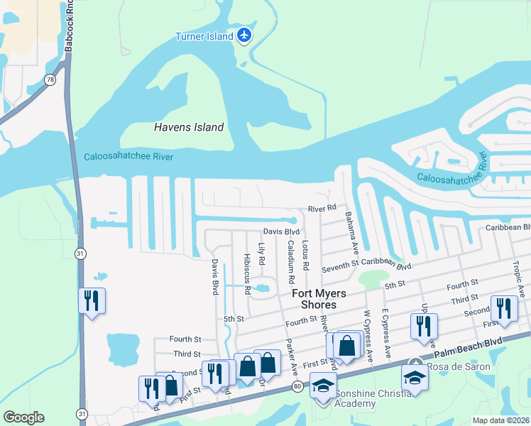 map of restaurants, bars, coffee shops, grocery stores, and more near 12525 River Road in Fort Myers