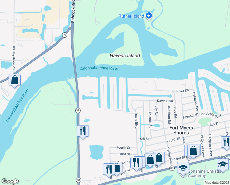 map of restaurants, bars, coffee shops, grocery stores, and more near 2224 Havana Avenue in Fort Myers