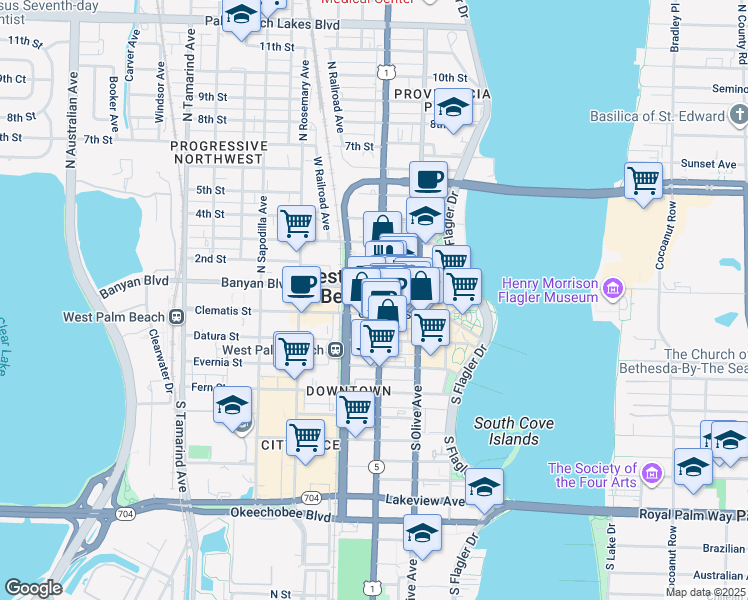 map of restaurants, bars, coffee shops, grocery stores, and more near 340 Clematis Street in West Palm Beach