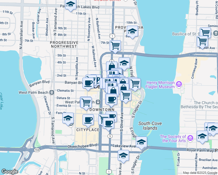map of restaurants, bars, coffee shops, grocery stores, and more near 401 Clematis Street in West Palm Beach