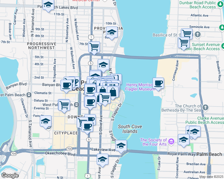 map of restaurants, bars, coffee shops, grocery stores, and more near in West Palm Beach