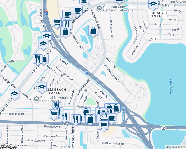 map of restaurants, bars, coffee shops, grocery stores, and more near 100 North Congress Avenue in West Palm Beach