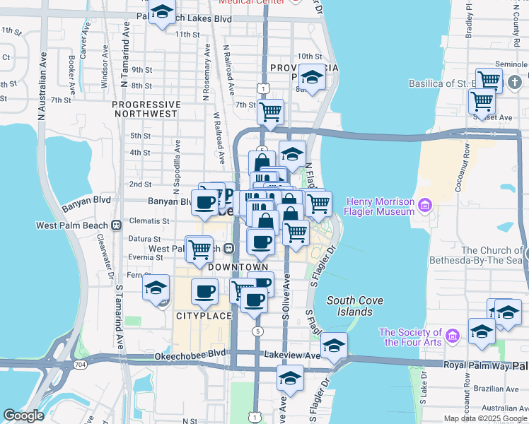 map of restaurants, bars, coffee shops, grocery stores, and more near 340 Clematis Street in West Palm Beach