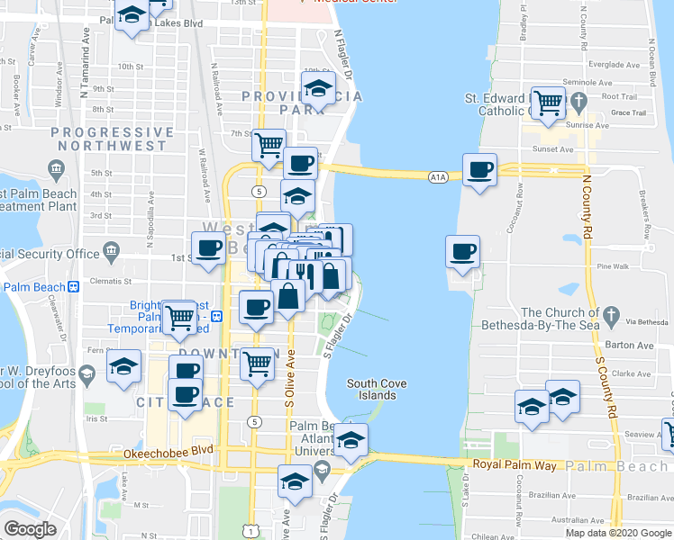 map of restaurants, bars, coffee shops, grocery stores, and more near 105 South Flagler Drive in West Palm Beach