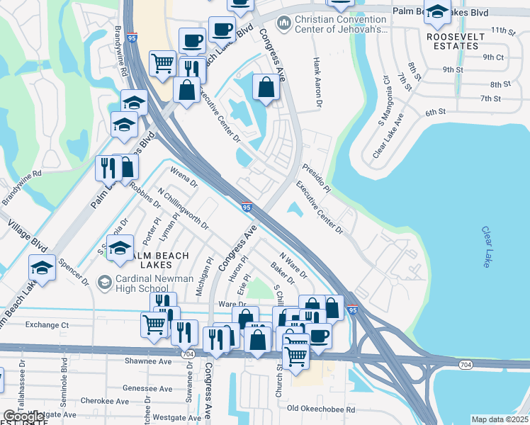 map of restaurants, bars, coffee shops, grocery stores, and more near 100 North Congress Avenue in West Palm Beach