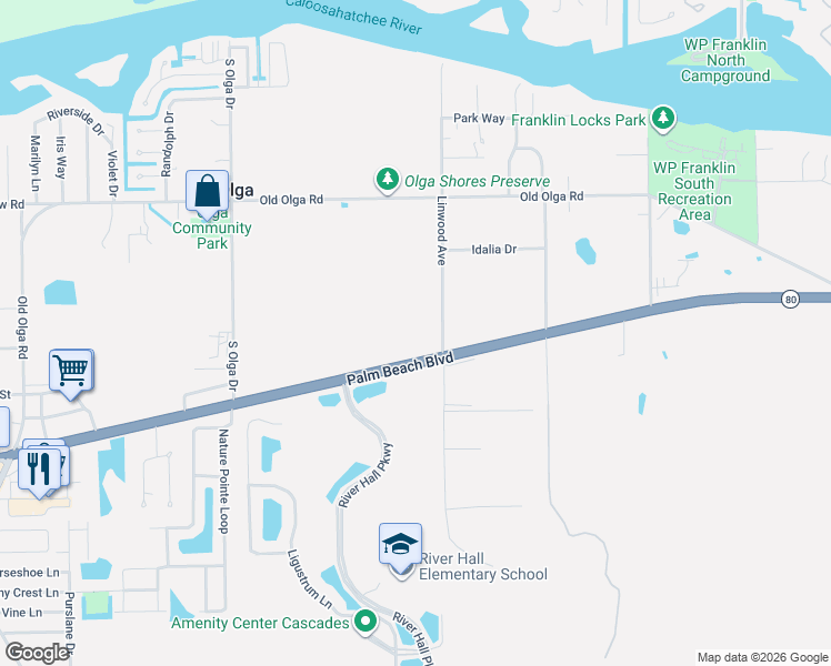 map of restaurants, bars, coffee shops, grocery stores, and more near 15460 Palm Beach Boulevard in Alva