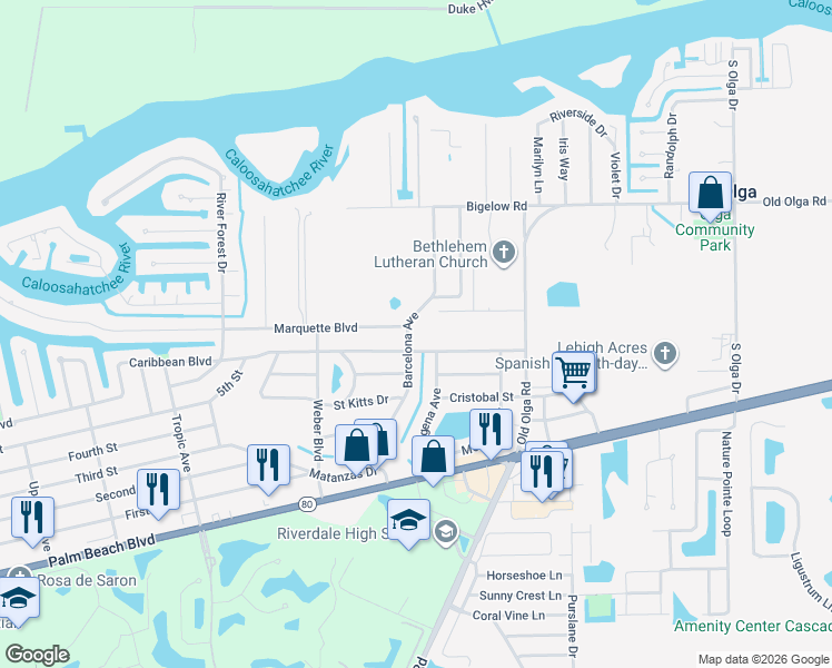 map of restaurants, bars, coffee shops, grocery stores, and more near 14108 Caribbean Boulevard in Fort Myers
