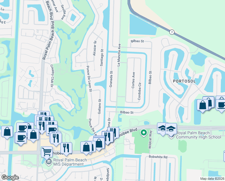 map of restaurants, bars, coffee shops, grocery stores, and more near 111 Granada Street in Royal Palm Beach
