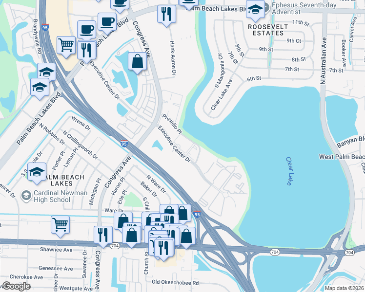 map of restaurants, bars, coffee shops, grocery stores, and more near 300 Executive Center Drive in West Palm Beach