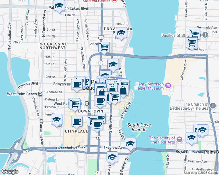 map of restaurants, bars, coffee shops, grocery stores, and more near 217 Clematis Street in West Palm Beach