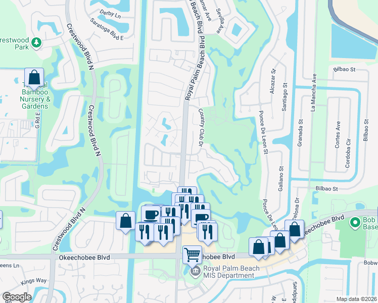 map of restaurants, bars, coffee shops, grocery stores, and more near 101 Fairway Lane in Royal Palm Beach