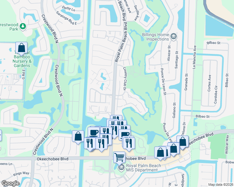 map of restaurants, bars, coffee shops, grocery stores, and more near 101 Heatherwood Drive in Royal Palm Beach