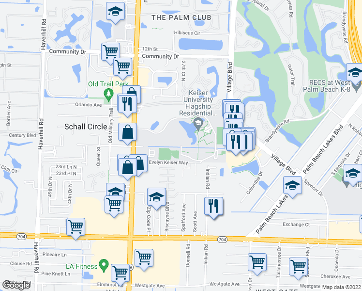 map of restaurants, bars, coffee shops, grocery stores, and more near Northwood University Drive in West Palm Beach