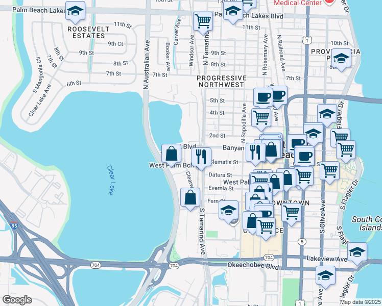 map of restaurants, bars, coffee shops, grocery stores, and more near 150 Clearwater Drive in West Palm Beach