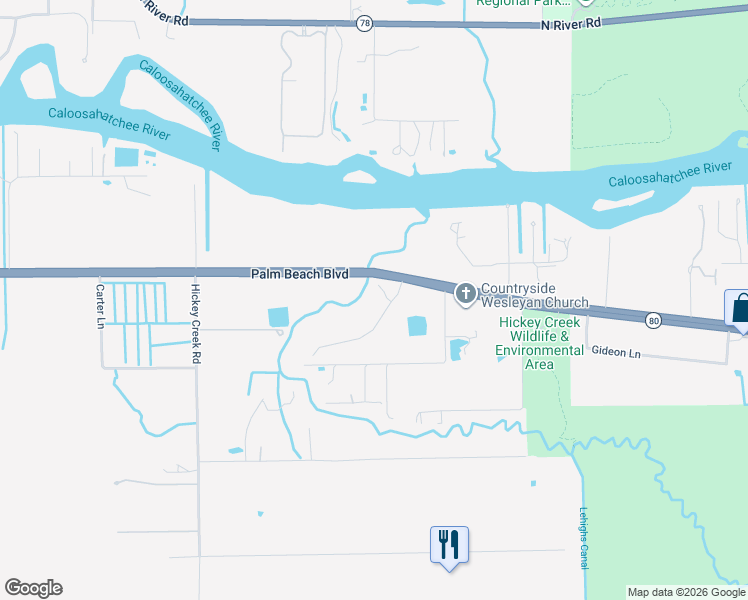 map of restaurants, bars, coffee shops, grocery stores, and more near 2070 Hickeys Creekside Drive in Alva