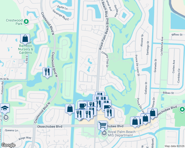map of restaurants, bars, coffee shops, grocery stores, and more near 44 Essex Court in Royal Palm Beach