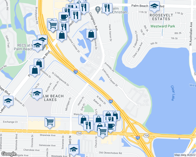 map of restaurants, bars, coffee shops, grocery stores, and more near 119 Executive Center Drive in West Palm Beach