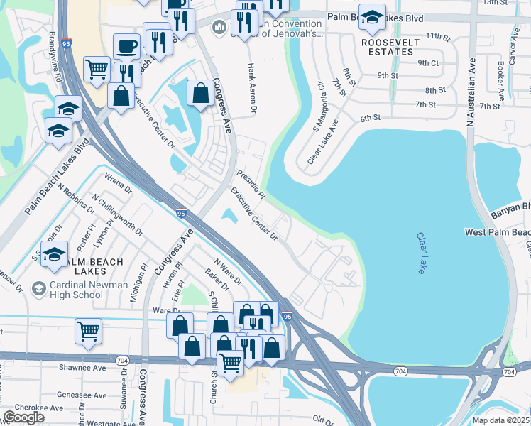map of restaurants, bars, coffee shops, grocery stores, and more near 300 Executive Center Drive in West Palm Beach