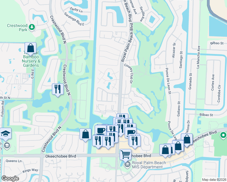 map of restaurants, bars, coffee shops, grocery stores, and more near 44 Essex Court in Royal Palm Beach