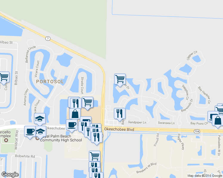 map of restaurants, bars, coffee shops, grocery stores, and more near 2356 Windjammer Way in West Palm Beach