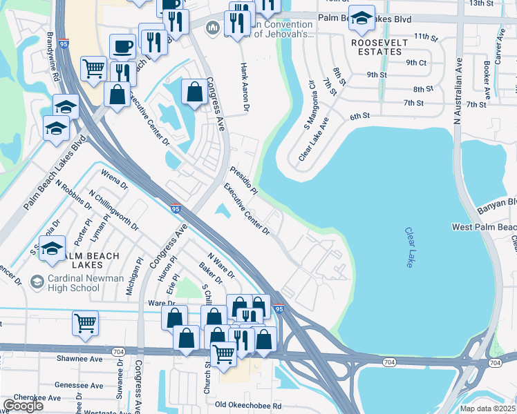 map of restaurants, bars, coffee shops, grocery stores, and more near 300 Executive Center Drive in West Palm Beach