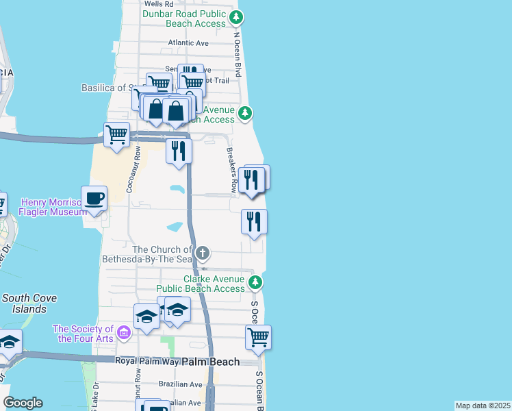 map of restaurants, bars, coffee shops, grocery stores, and more near 1 South County Road in Palm Beach