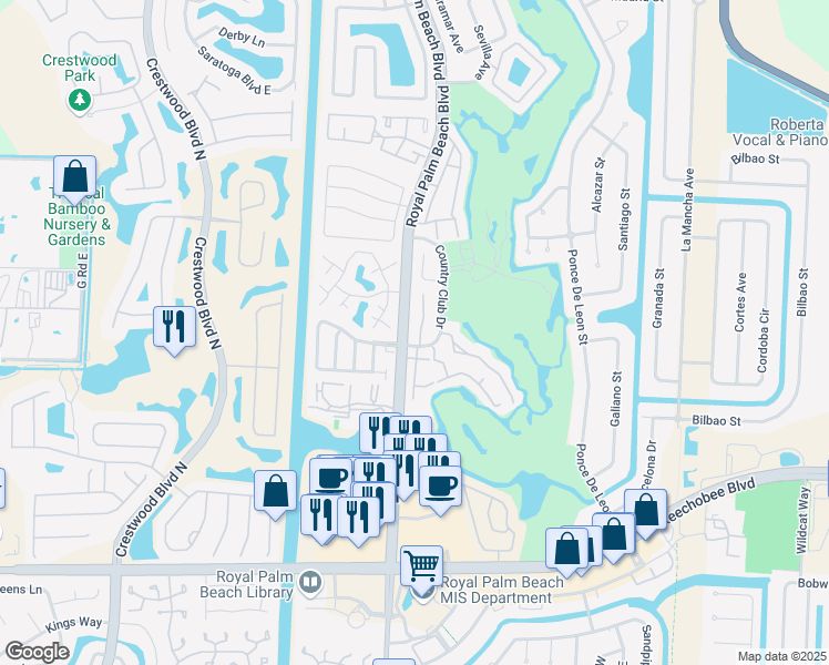 map of restaurants, bars, coffee shops, grocery stores, and more near 109 Fairway Lane in Royal Palm Beach