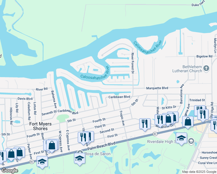 map of restaurants, bars, coffee shops, grocery stores, and more near 13462 Marquette Boulevard in Fort Myers