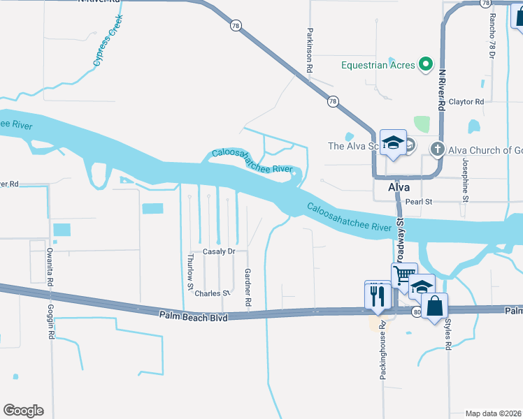 map of restaurants, bars, coffee shops, grocery stores, and more near 2111 Gardner Road in Alva