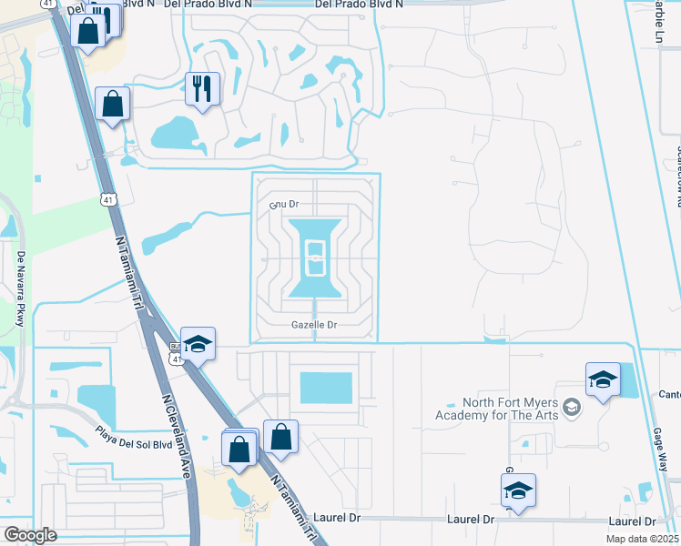 map of restaurants, bars, coffee shops, grocery stores, and more near 35 Eland Drive in North Fort Myers