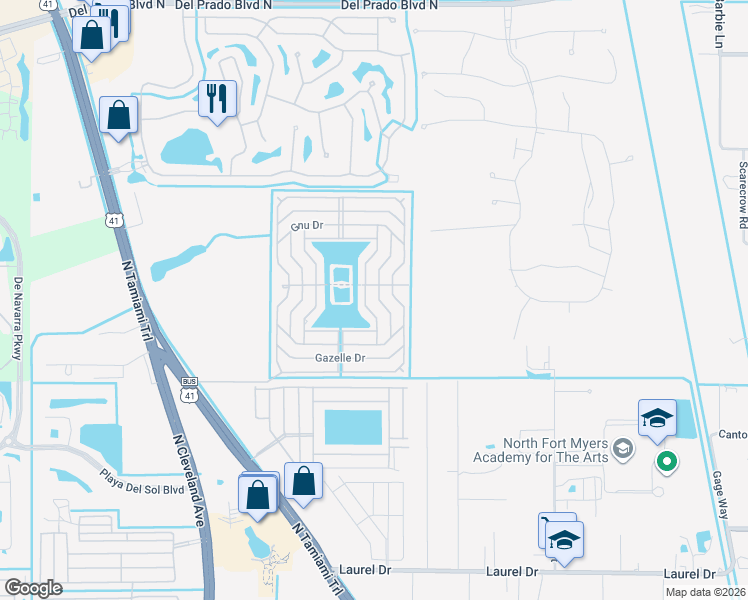 map of restaurants, bars, coffee shops, grocery stores, and more near 35 Eland Drive in North Fort Myers